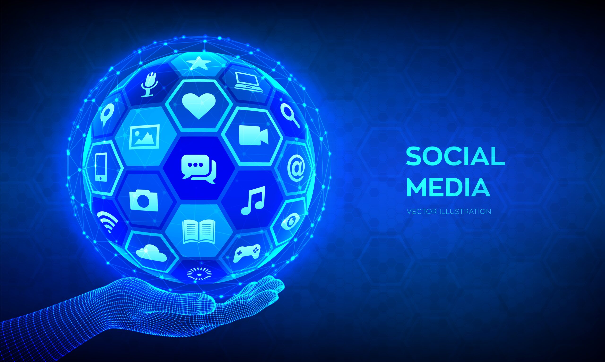 Social media global connection concept. Social networking and blogging. Abstract 3D sphere or globe with surface of hexagons with a different social media icons in wireframe hand. Vector